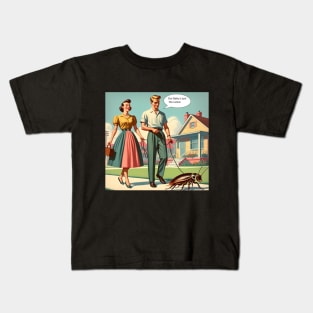 Suburban Stroll: 1950s Parents Walking Their Pet Cockroach Kids T-Shirt